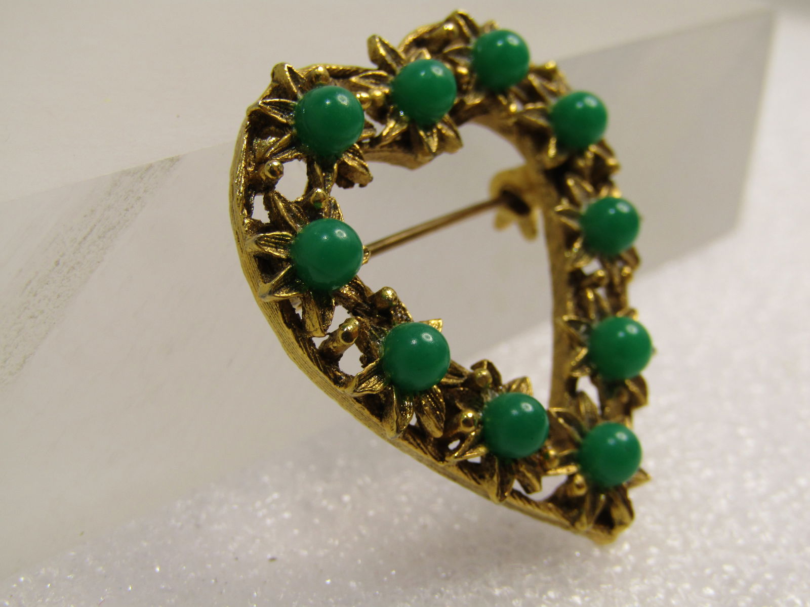Vintage Green Beaded Heart Brooch, Floral Theme, 1960's - 2