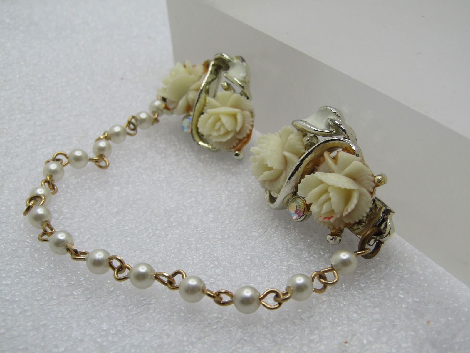 Vintage White Rose Faux Pearl Sweater Guard, 1950's-1960's, 7.5", AB Rhinestones - 2