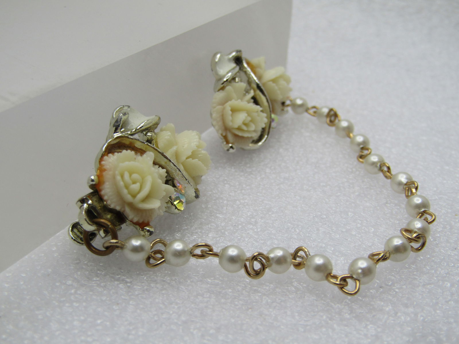 Vintage White Rose Faux Pearl Sweater Guard, 1950's-1960's, 7.5", AB Rhinestones - 3