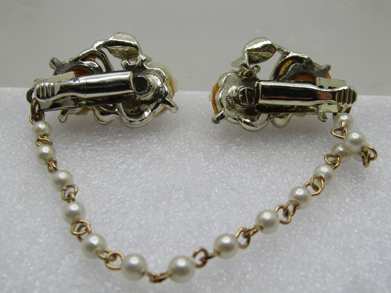 Vintage White Rose Faux Pearl Sweater Guard, 1950's-1960's, 7.5", AB Rhinestones - 4