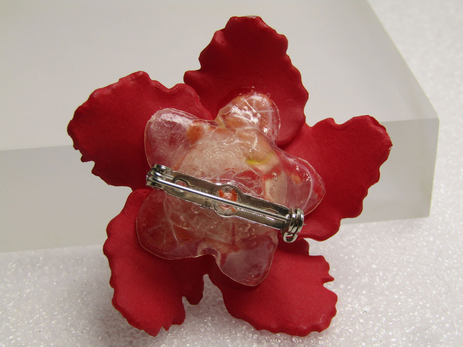 Vintage Red Hibiscus Blossom Brooch, Faux Pearl, Western Germany, Mid-Century - 4