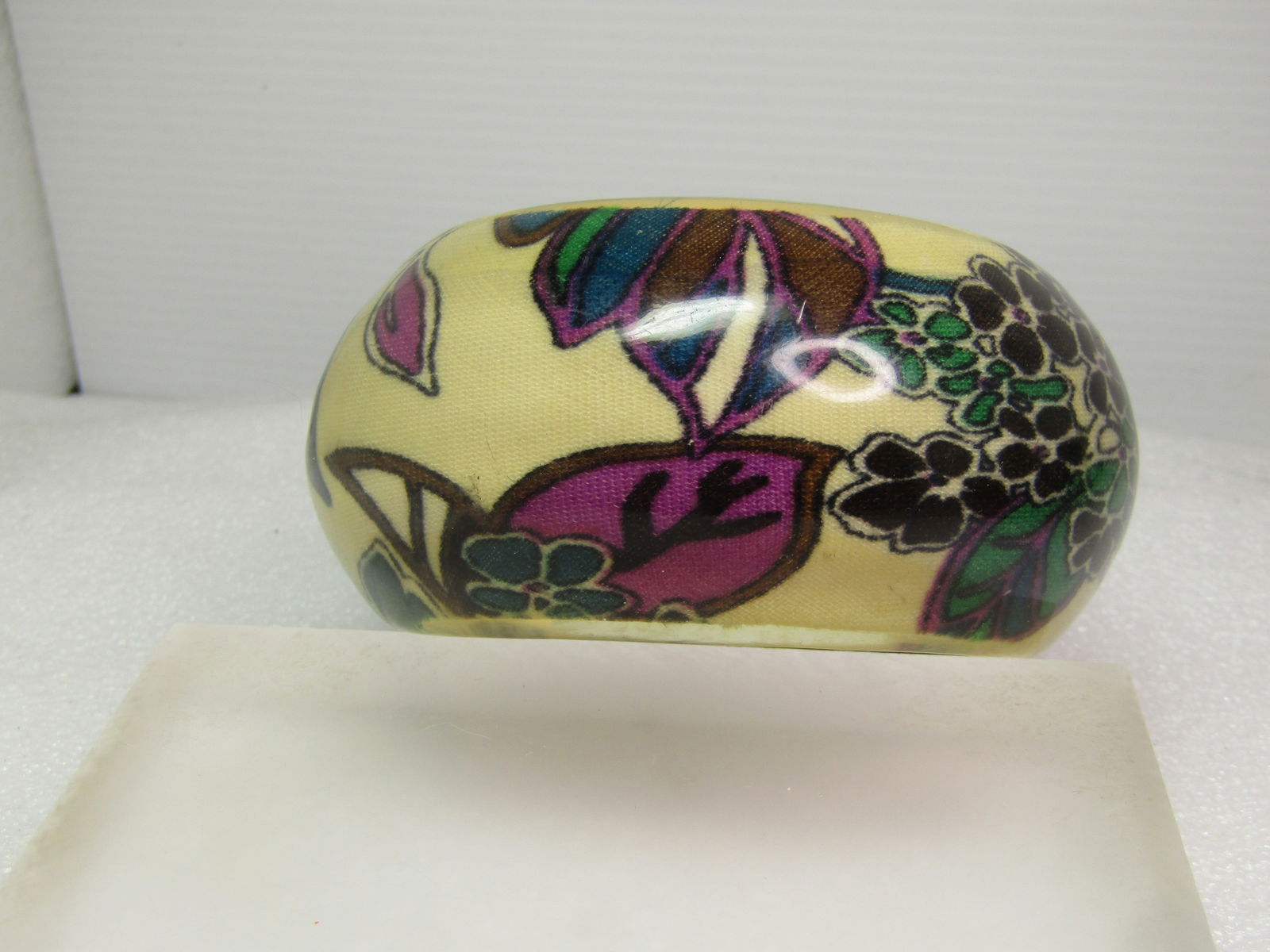 Vintage Floral Fabric Lucite Covered Bracelet, Wide Bangle, 1.75", 1970's-1980's: Vintage Floral Fabric Lucite Covered Bracelet, Wide Bangle, 1.75", 1970's-1980's. The opening is appx. 2.75" however if you have a wide hand rom your outer thumb wo the pinky this bracelet will be