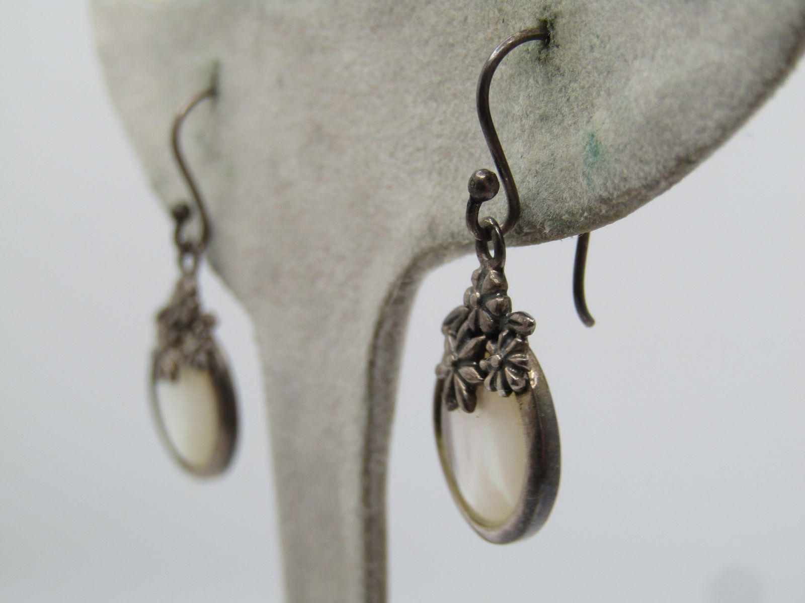 Vintage Sterling Floral Mother-of-Pearl Earrings, Pierced Dangle, 1980's, Signed - 2