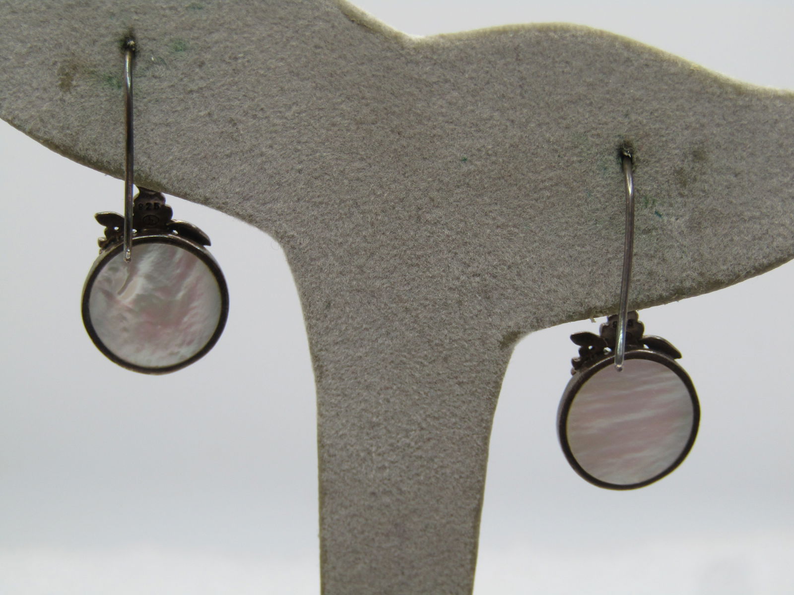 Vintage Sterling Floral Mother-of-Pearl Earrings, Pierced Dangle, 1980's, Signed - 4