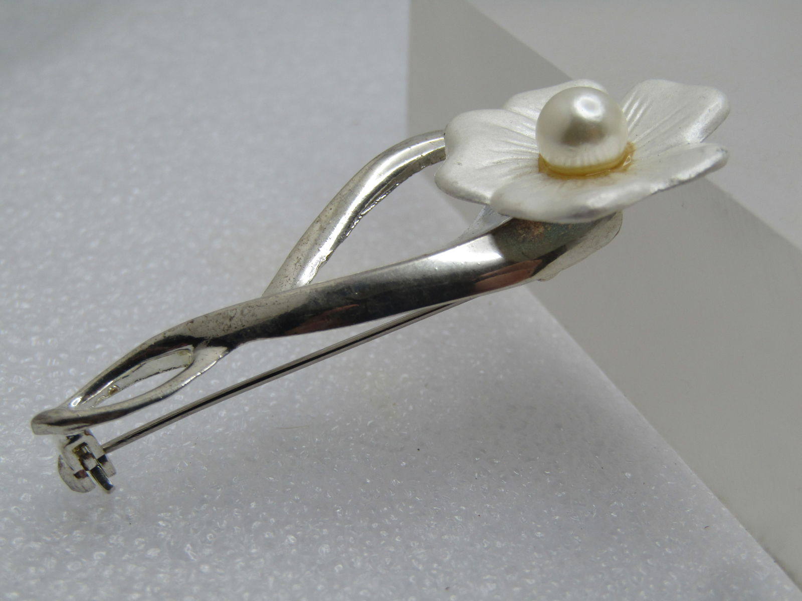 Vintage Pearly Flower Stem Brooch, Faux Pearl, 1980's, 2.25" - 2