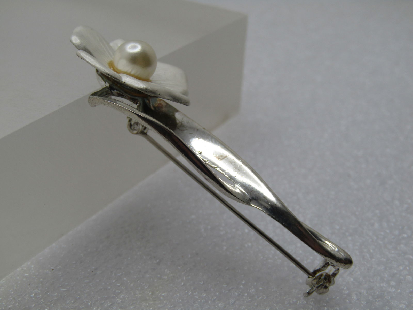 Vintage Pearly Flower Stem Brooch, Faux Pearl, 1980's, 2.25" - 3