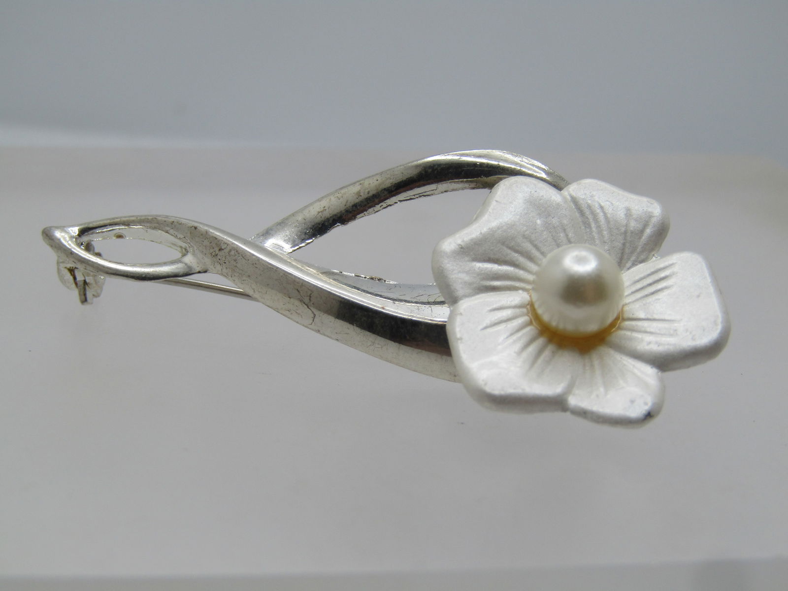 Vintage Pearly Flower Stem Brooch, Faux Pearl, 1980's, 2.25" - 5