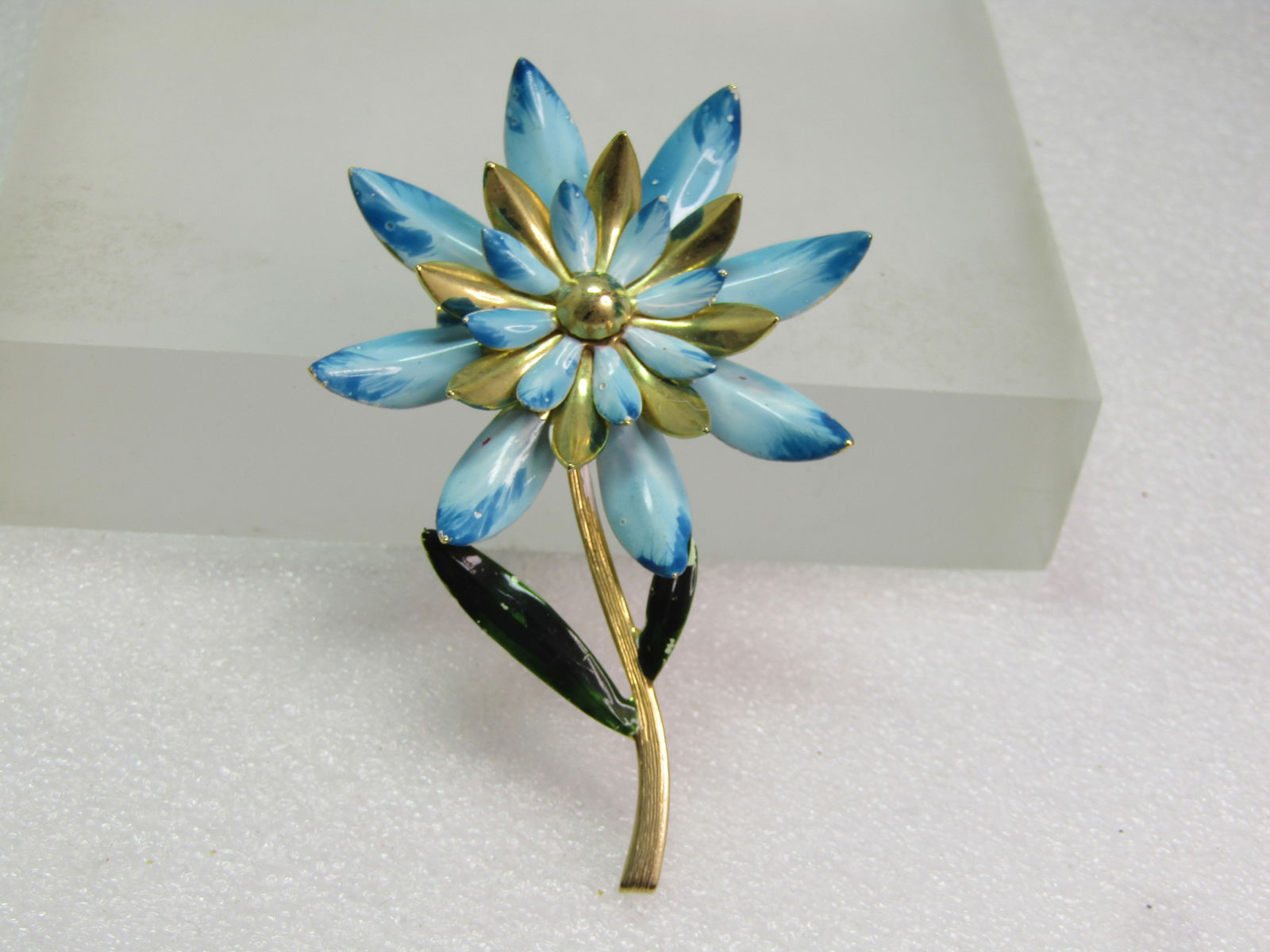 Vintage Blue/White Enameled Floral Brooch, Long Stem, 1940's-1960's - 2