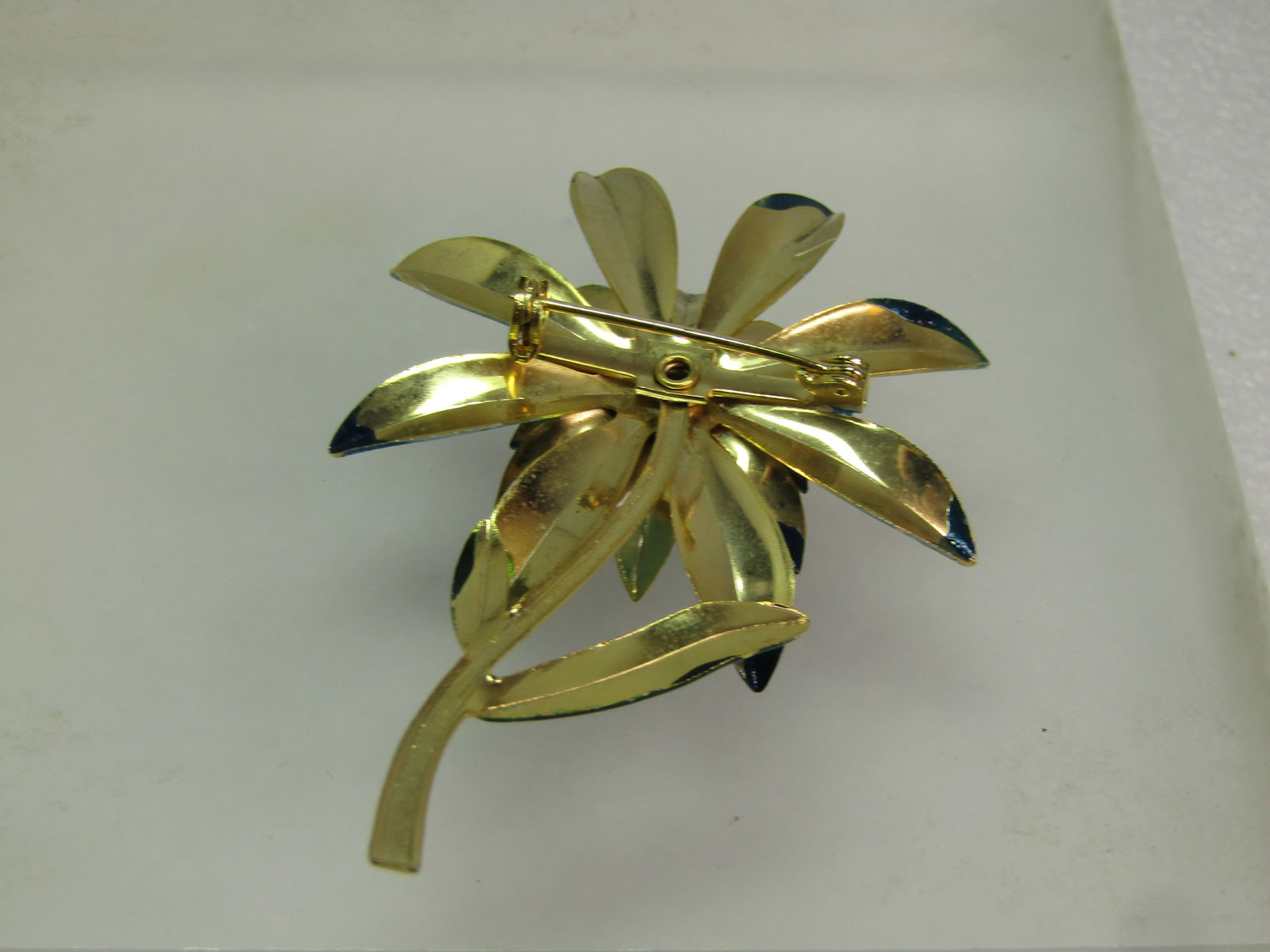 Vintage Blue/White Enameled Floral Brooch, Long Stem, 1940's-1960's - 6