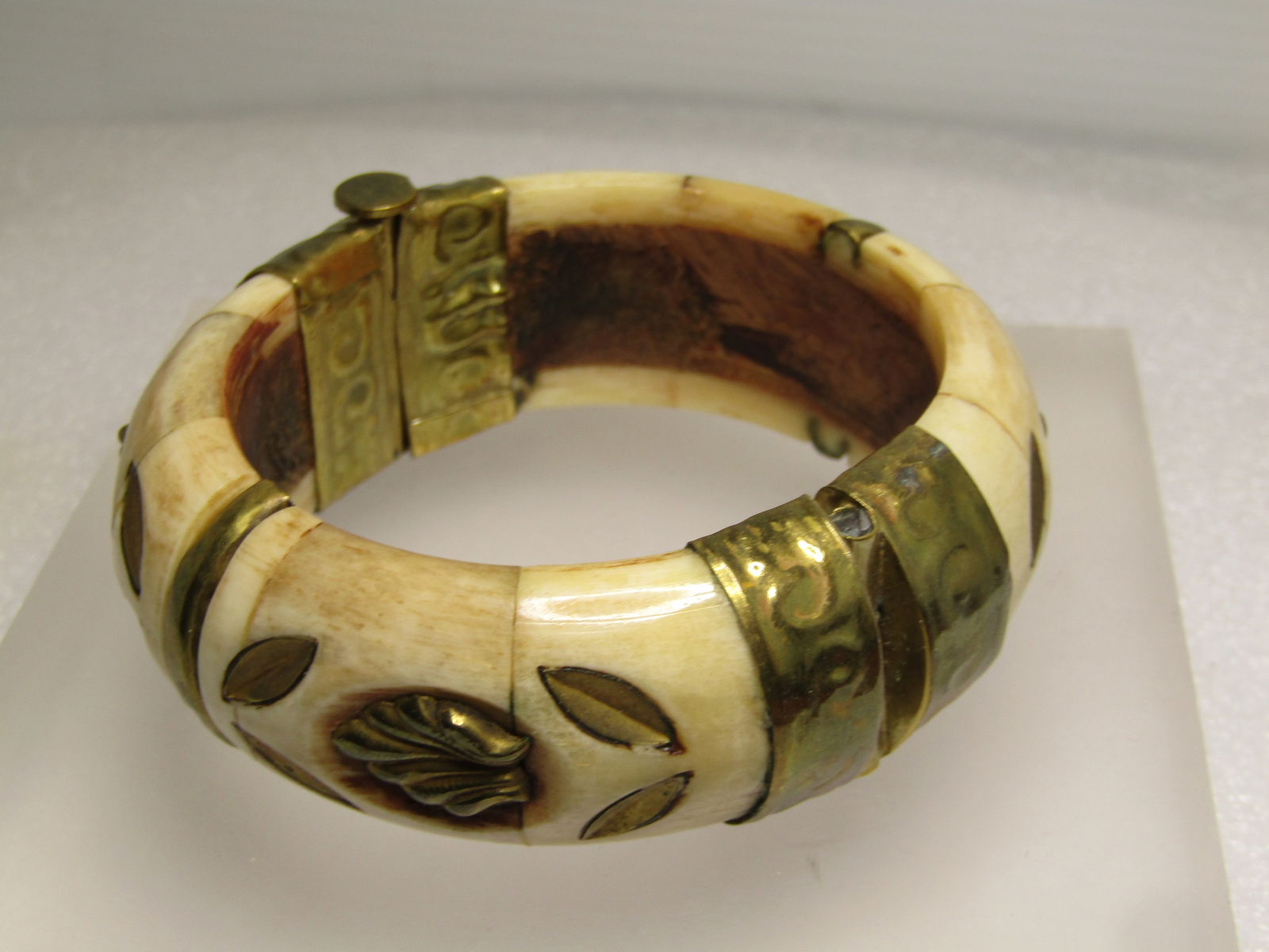 Vintage Brass & Carved Bone Bracelet, Tribal, Hinged, Pin Clasp, 6.75", 1970's-1980's - 2