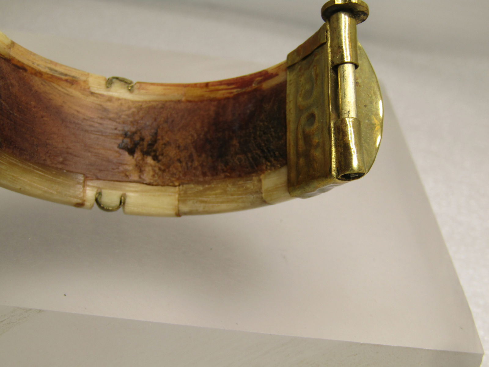 Vintage Brass & Carved Bone Bracelet, Tribal, Hinged, Pin Clasp, 6.75", 1970's-1980's - 6