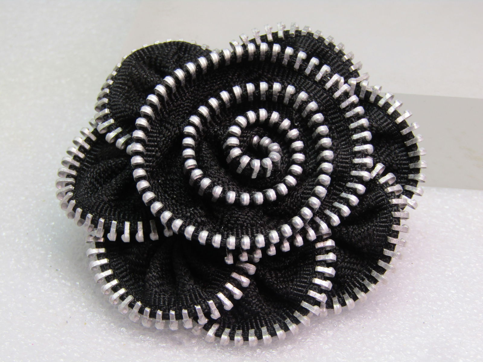 Vintage Zipper Rose Brooch, Black/Silver Tone, 1980's - 2