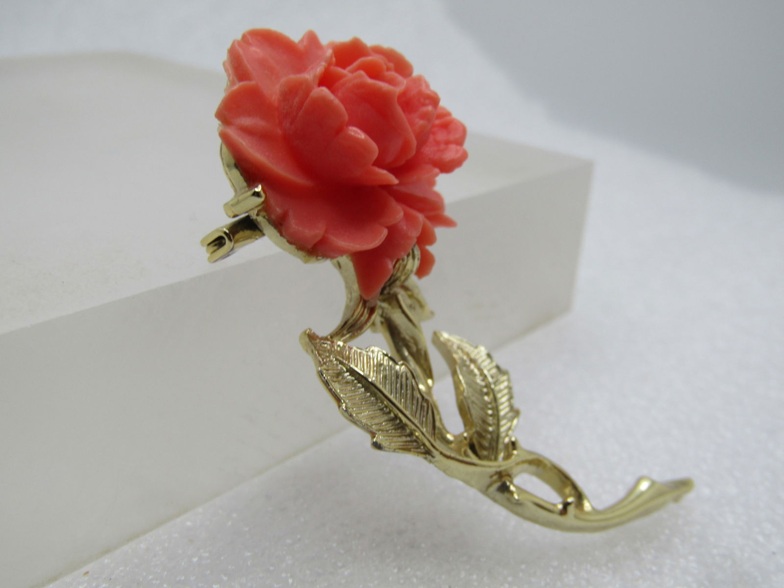 Vintage Faux Coral Rose Stem Brooch, 1960's, Signed Gerry's - 3