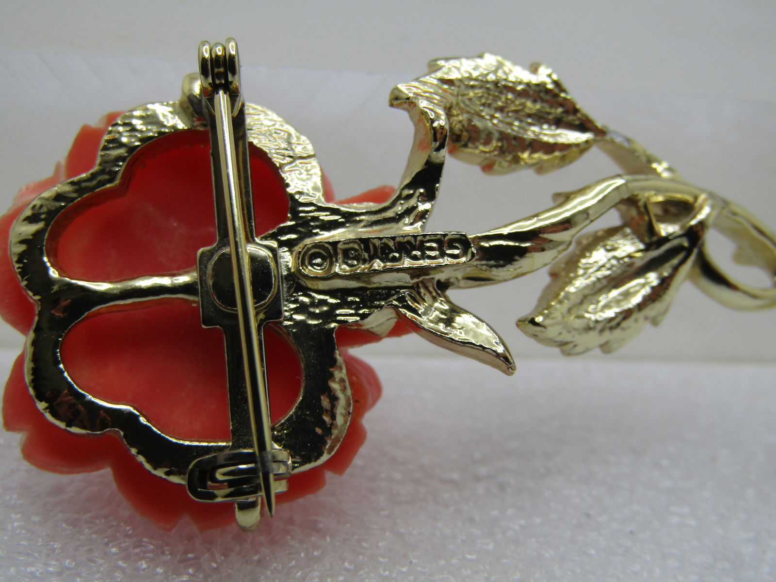 Vintage Faux Coral Rose Stem Brooch, 1960's, Signed Gerry's - 5