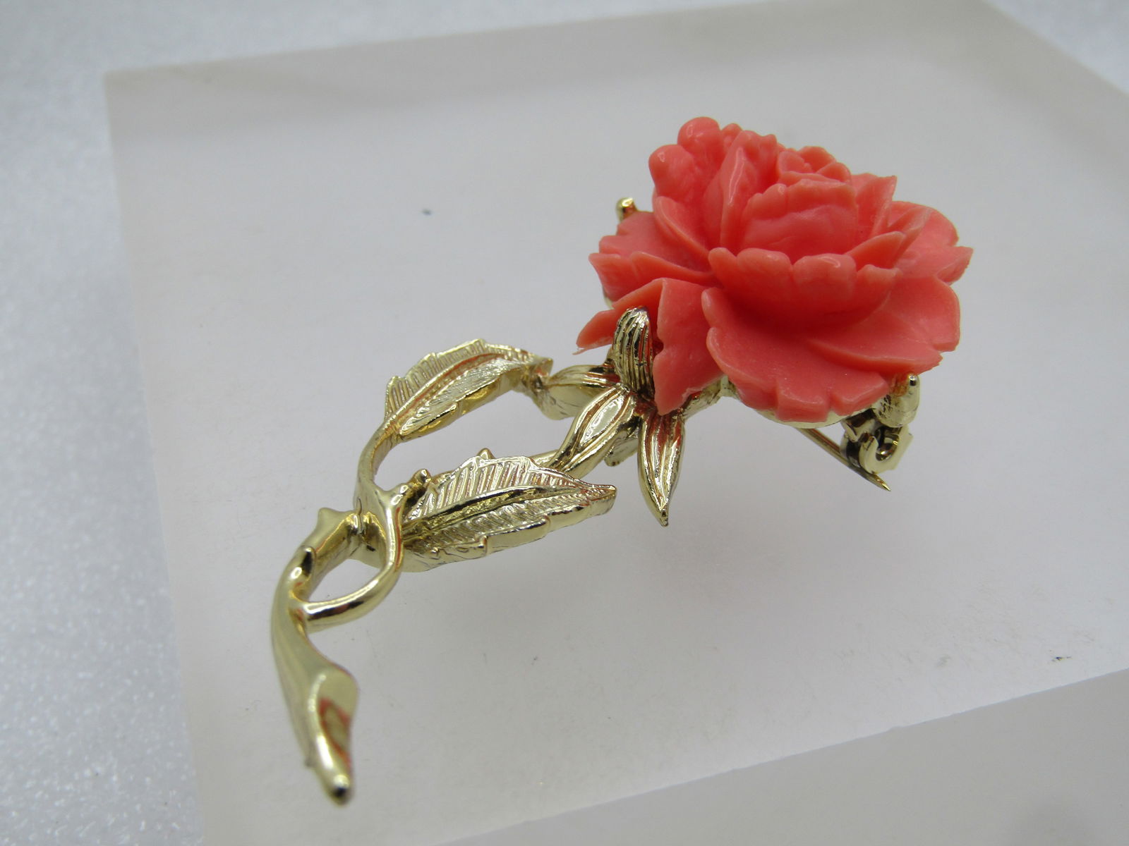Vintage Faux Coral Rose Stem Brooch, 1960's, Signed Gerry's - 6