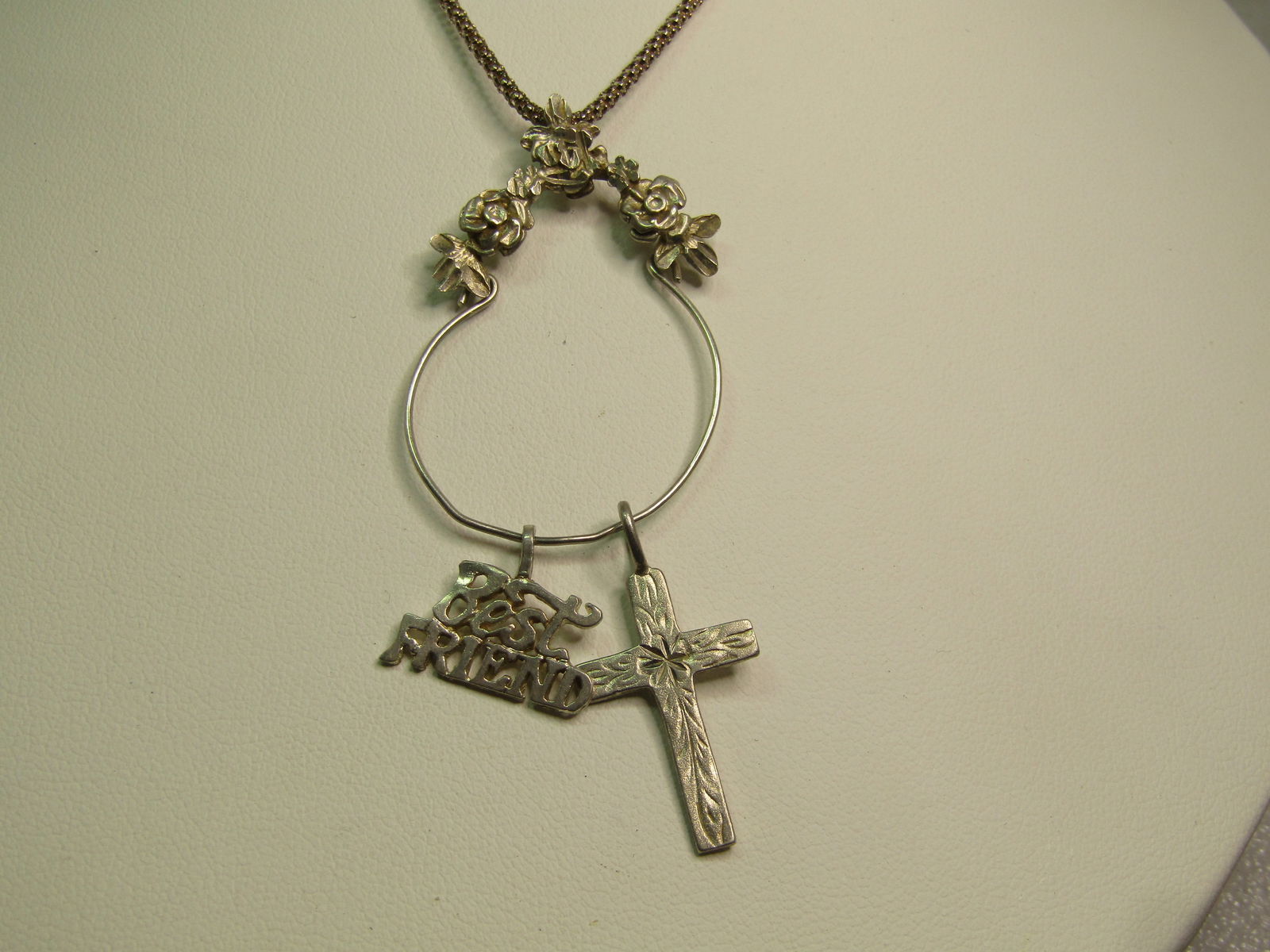 Vintage Sterling Floral Charm Pendant Necklace, 22", 1980's, Cross/Best Friend - 2
