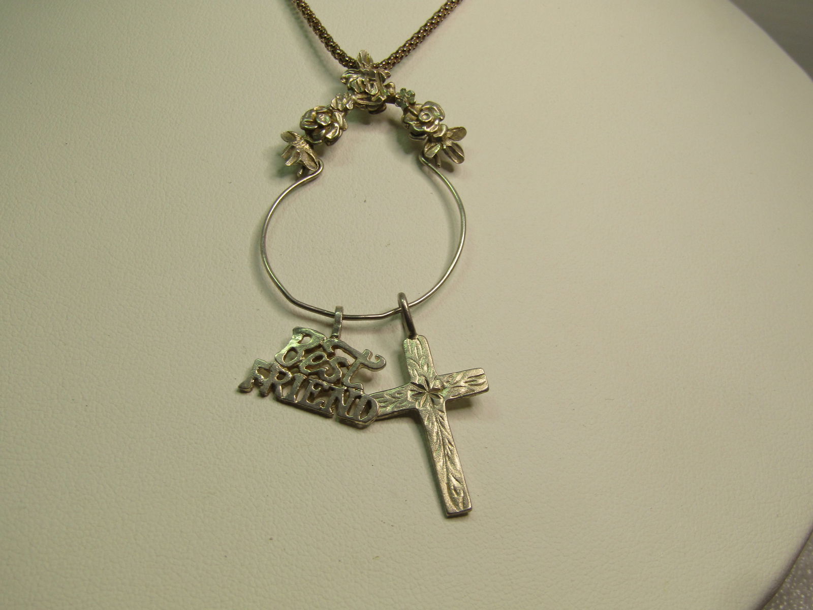 Vintage Sterling Floral Charm Pendant Necklace, 22", 1980's, Cross/Best Friend - 3