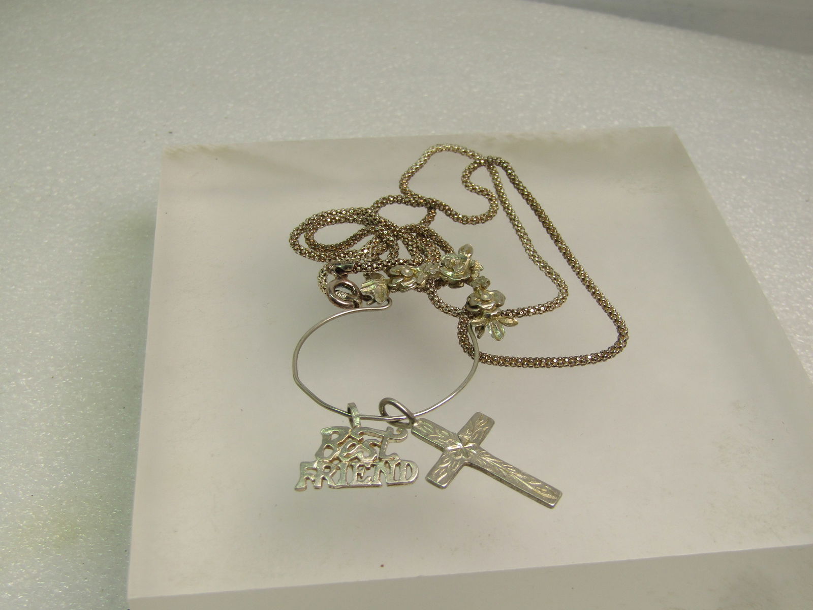 Vintage Sterling Floral Charm Pendant Necklace, 22", 1980's, Cross/Best Friend - 5