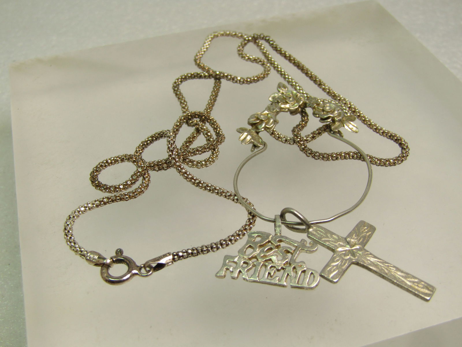 Vintage Sterling Floral Charm Pendant Necklace, 22", 1980's, Cross/Best Friend - 6