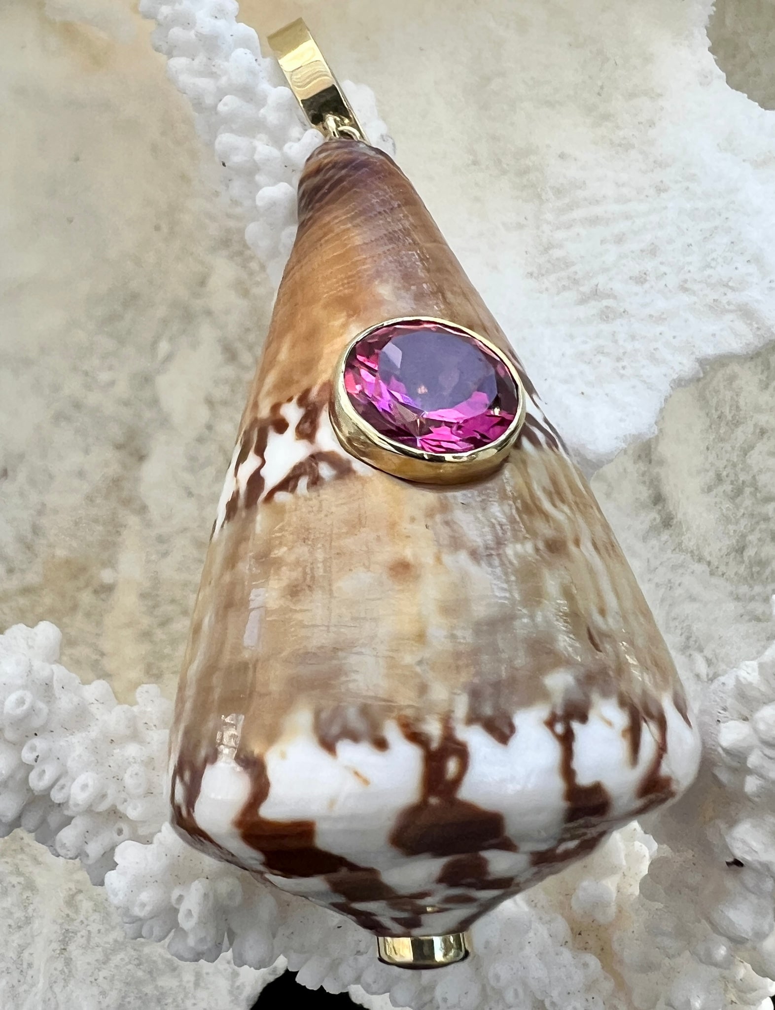 Beaded Citrine Necklace with Conus Shell Pendant Sporting a Pink Topaz - 5