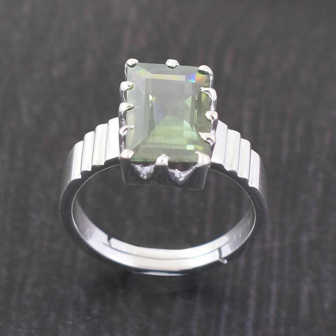 Hand Made Sterling Silver Emerald Cut Blue Diamond Ring 5.7 Cts - 5