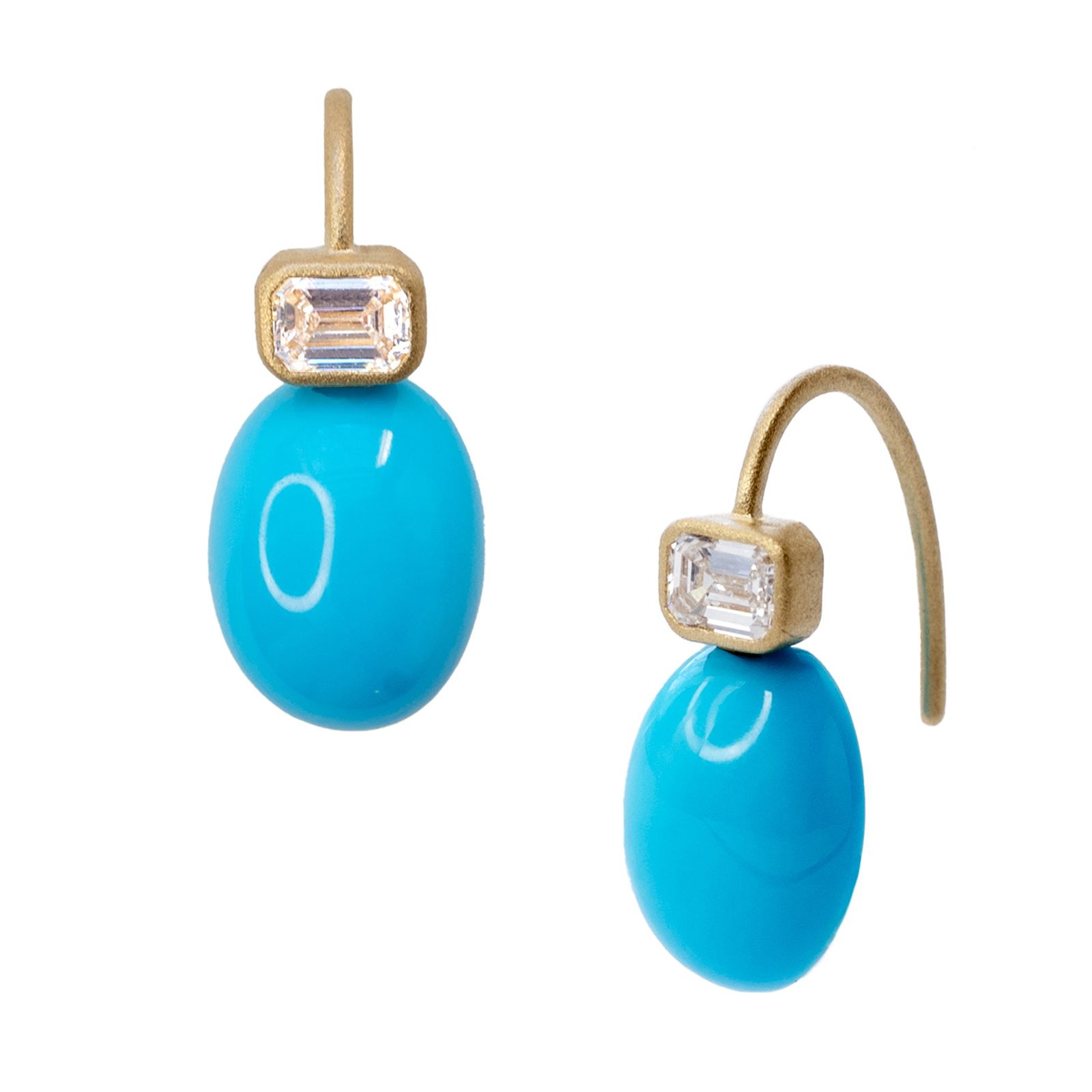 Oval Turquoise & Diamond Drop Earrings 18K Gold: Title:Oval Turquoise & Diamond Drop Earrings 18K GoldDescription:Vivid and luminous, these earrings capture the energy of open skies and sunlit horizons. A saturated oval turquoise drop brings a