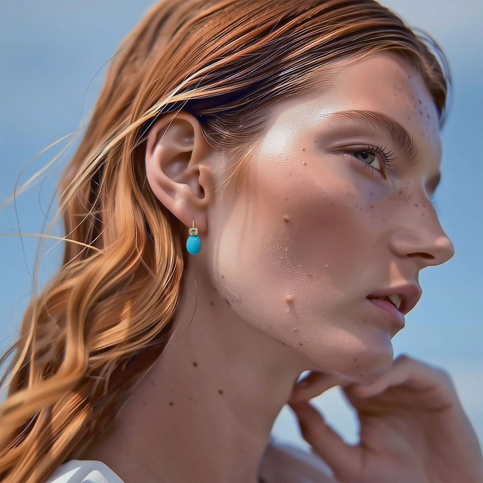 Oval Turquoise & Diamond Drop Earrings 18K Gold - 7