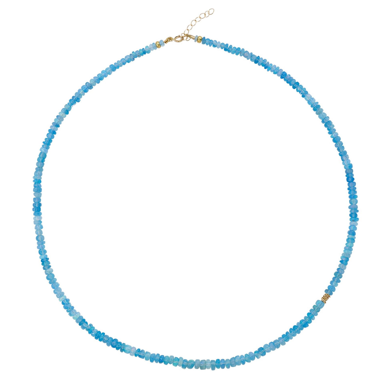 Blue Opal Necklace 14K Gold: Title:Blue Opal Necklace 14K GoldDescription:This blue opal necklace from Bombyx House features a delicate, shimmering strand of vibrant blue gemstones. The opulent opal hues evoke a sense of serene