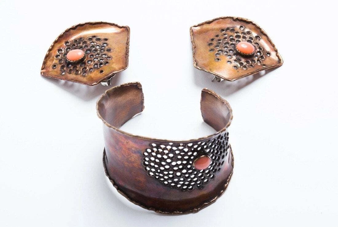 Artisan Copper and Pink Coral Bracelet and Earrings Set One of a Kind - 2