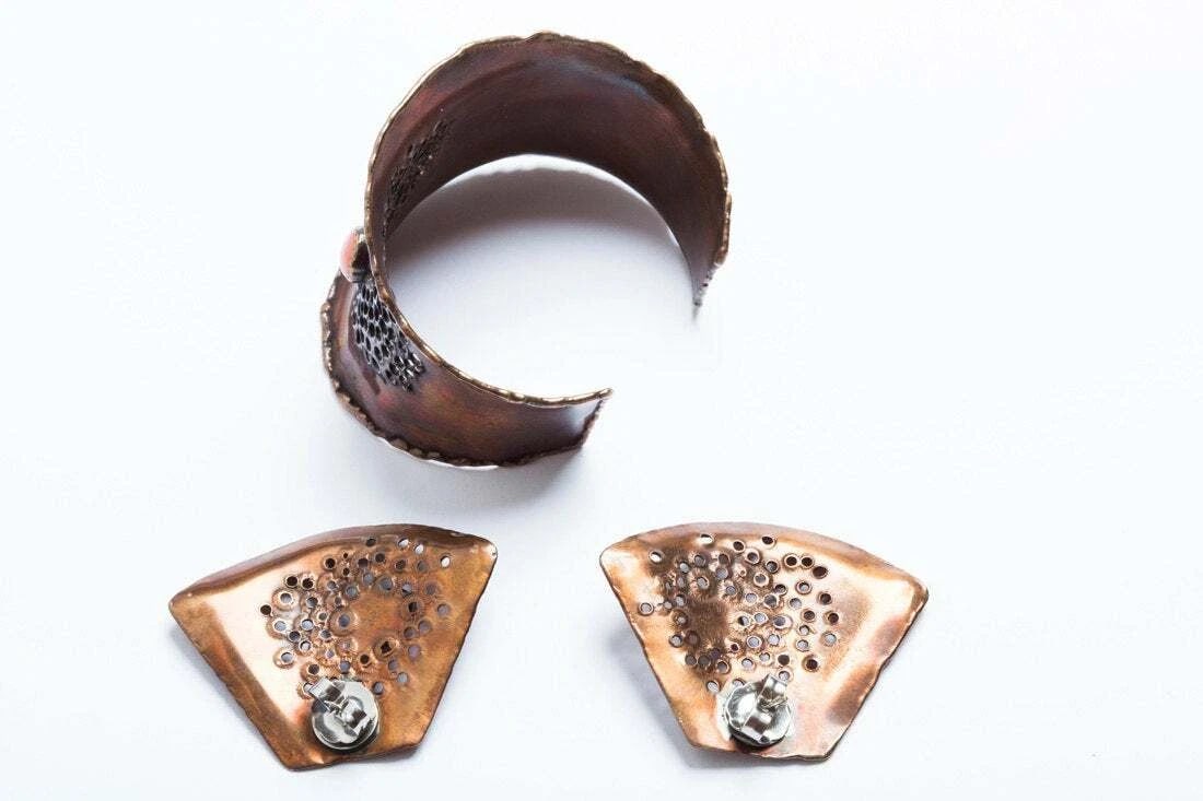 Artisan Copper and Pink Coral Bracelet and Earrings Set One of a Kind - 3