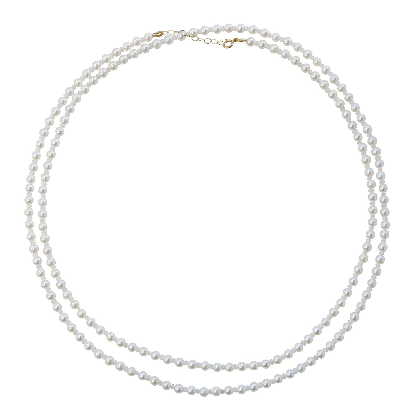 Tiny Pearl & White Moonstone Double Long Necklace 14K Gold: Title:Tiny Pearl & White Moonstone Double Long Necklace 14K Gold Description:Delicate yet luminous, this necklace captures the poetry of light in its most subtle form. Tiny pearls and glowing white mo