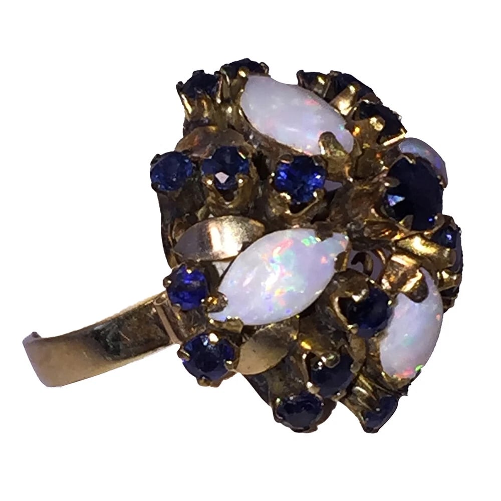 14K Gold Opal and Blue Sapphire Siam Thai Princess Harem Ring - 4