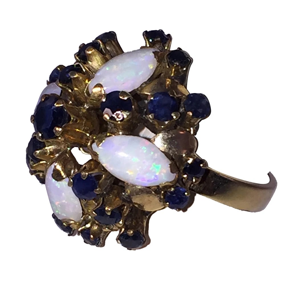 14K Gold Opal and Blue Sapphire Siam Thai Princess Harem Ring - 5