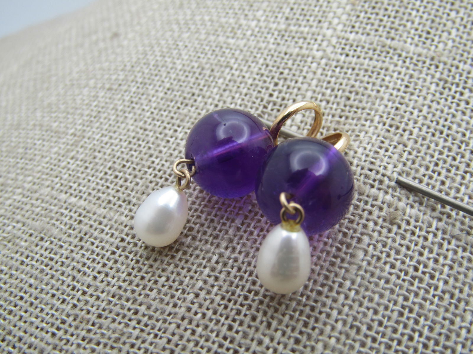 Vintage 14kt Amethyst & Freshwater Pearl Earring Drops/Pendants, Signed - 2