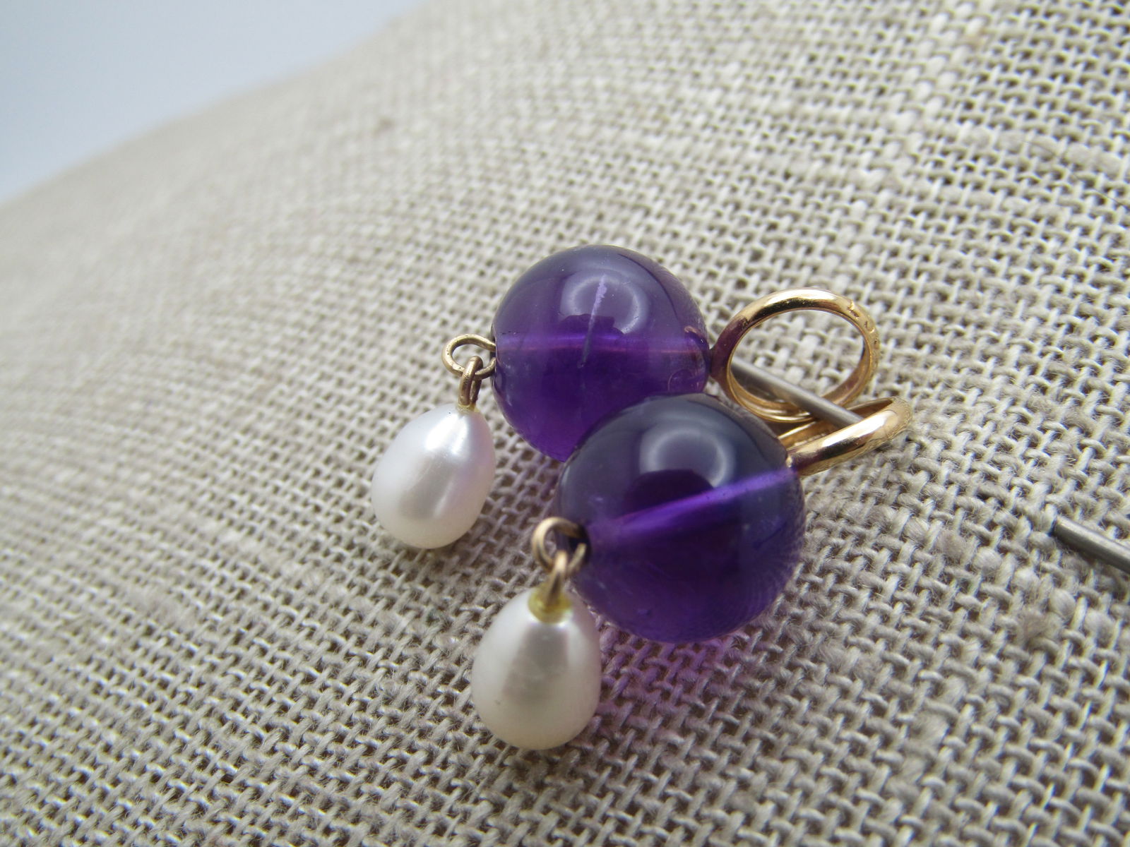 Vintage 14kt Amethyst & Freshwater Pearl Earring Drops/Pendants, Signed - 3