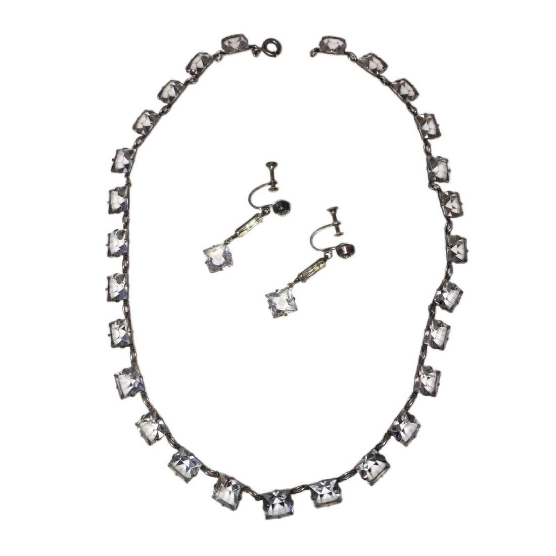 Edwardian Sterling Paste Deco Necklace Earring Set: Title:Edwardian Sterling Paste Deco Necklace Earring SetDescription:Fine delicate sterling crystal Edwardian necklace and silver plated earrings set. Early 1900's. Necklace is in great condition