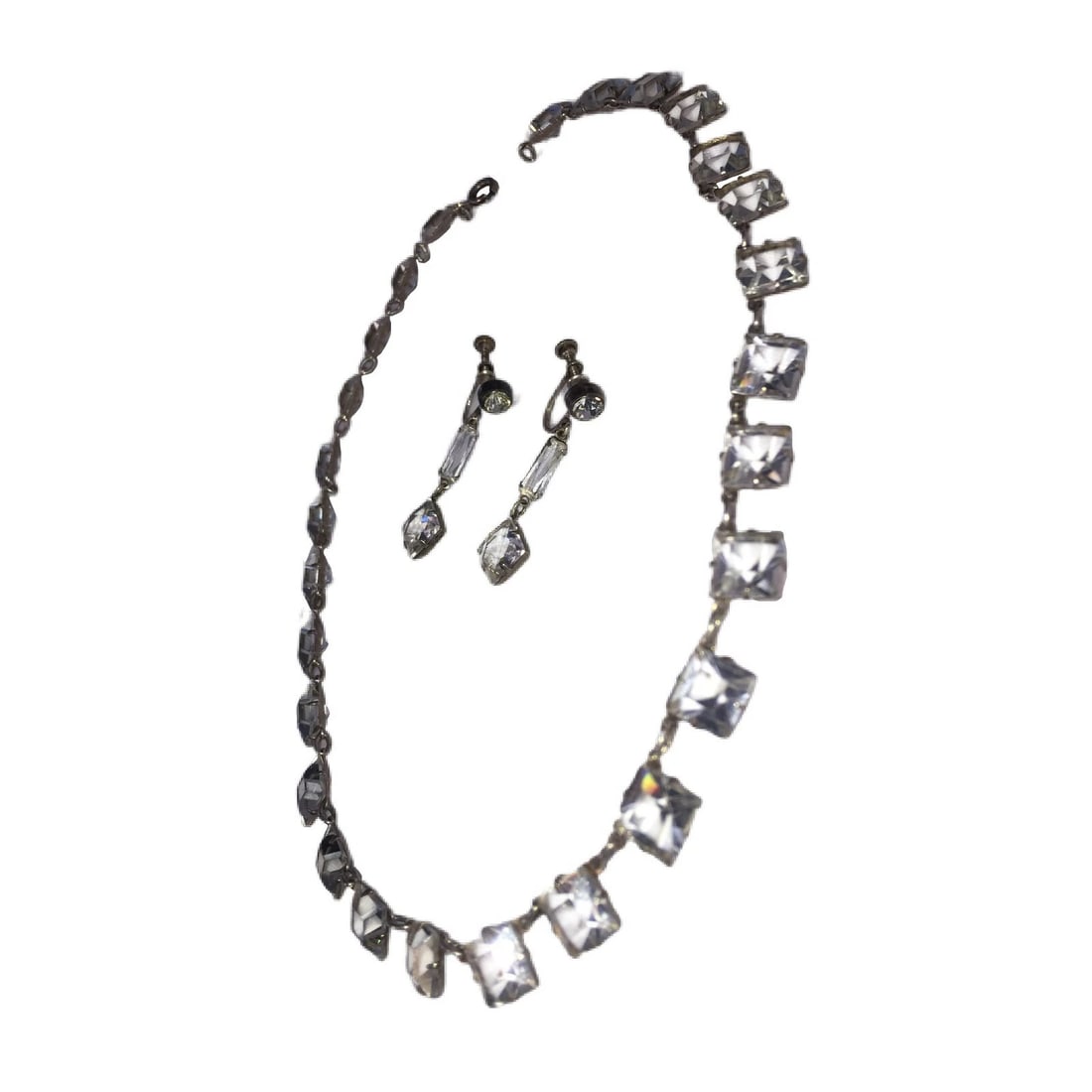 Edwardian Sterling Paste Deco Necklace Earring Set - 5