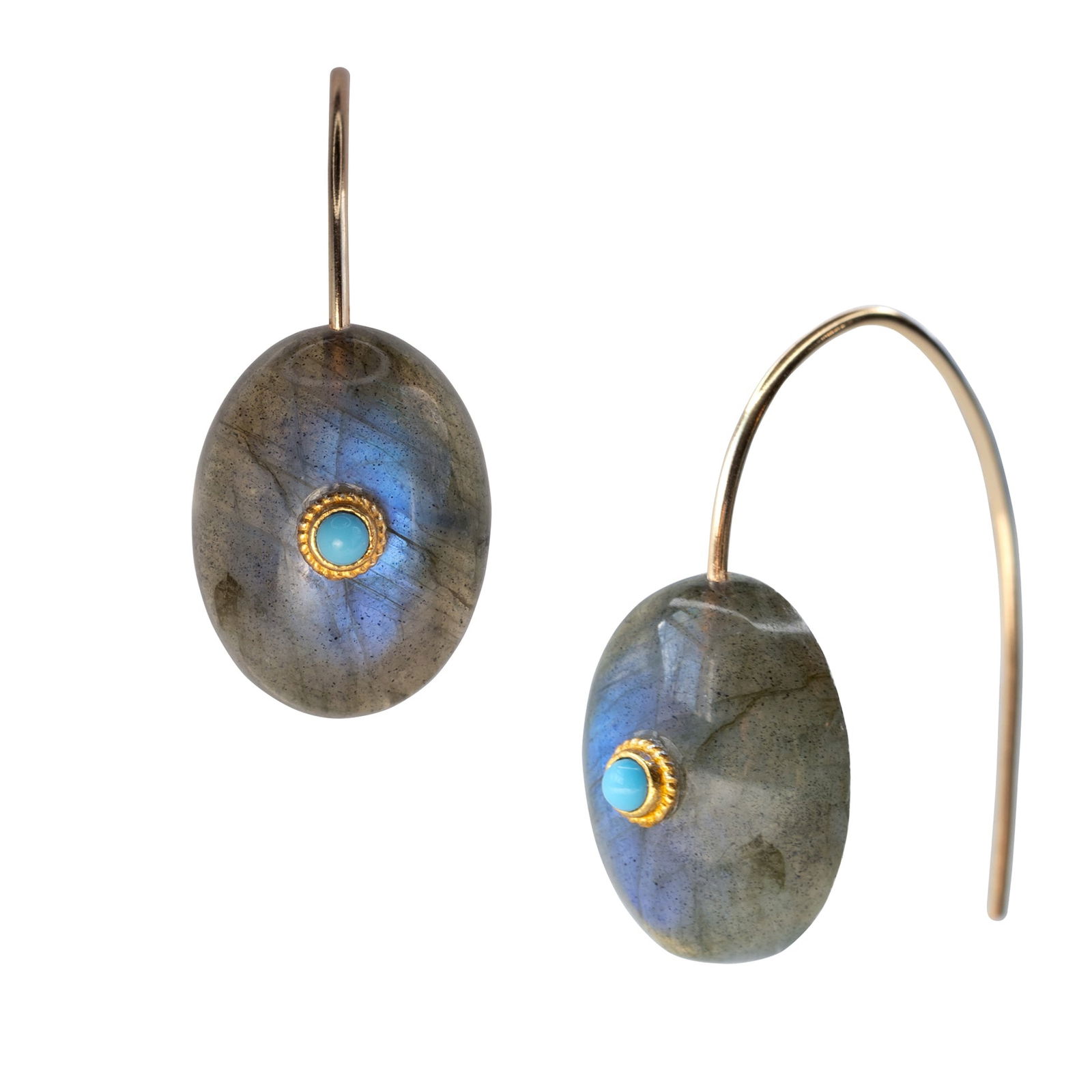 Labradorite Turquoise Drop Earrings 14K Gold: Title:Labradorite Turquoise Drop Earrings 14K GoldDescription:A quiet glow with a hidden spark — these labradorite earrings reveal flashes of blue fire as they move, anchored by a tranquil