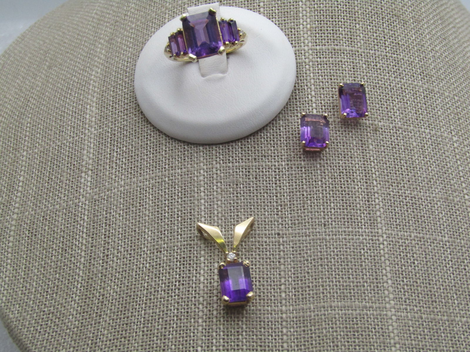Vintage 14kt Amethyst Ring, Earrings, Pendant with Diamond, signed, 1980's-1990's: Title:Vintage 14kt Amethyst Ring, Earrings, Pendant with Diamond, signed, 1980's-1990'sDescription:Vintage 14kt Amethyst Ring, Earrings, Pendant with Diamond, signed, 1980's-1990's. It is stamped