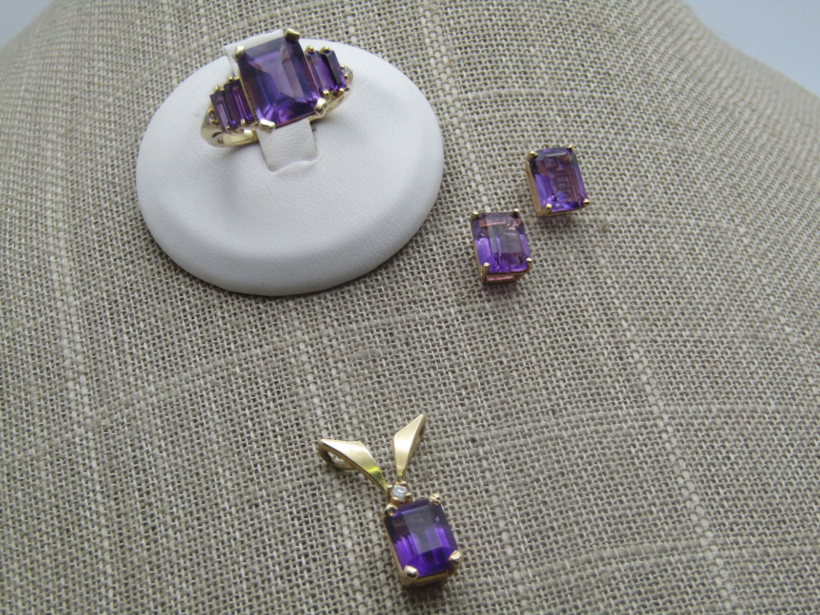 Vintage 14kt Amethyst Ring, Earrings, Pendant with Diamond, signed, 1980's-1990's - 2