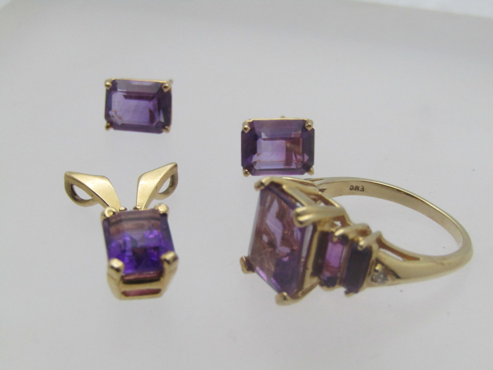 Vintage 14kt Amethyst Ring, Earrings, Pendant with Diamond, signed, 1980's-1990's - 5