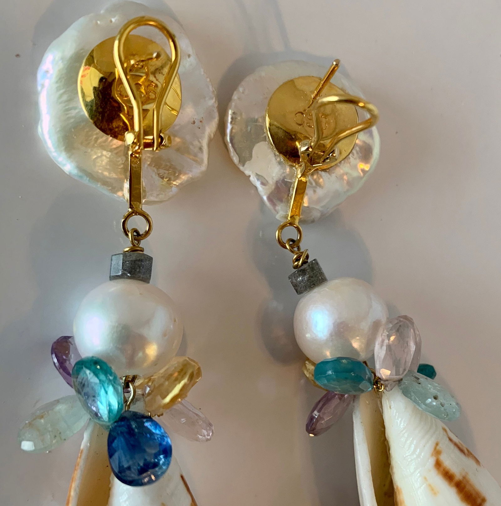 Flutter Pearl, Tourmaline, Conus 14-Karat Gold Earrings - 2