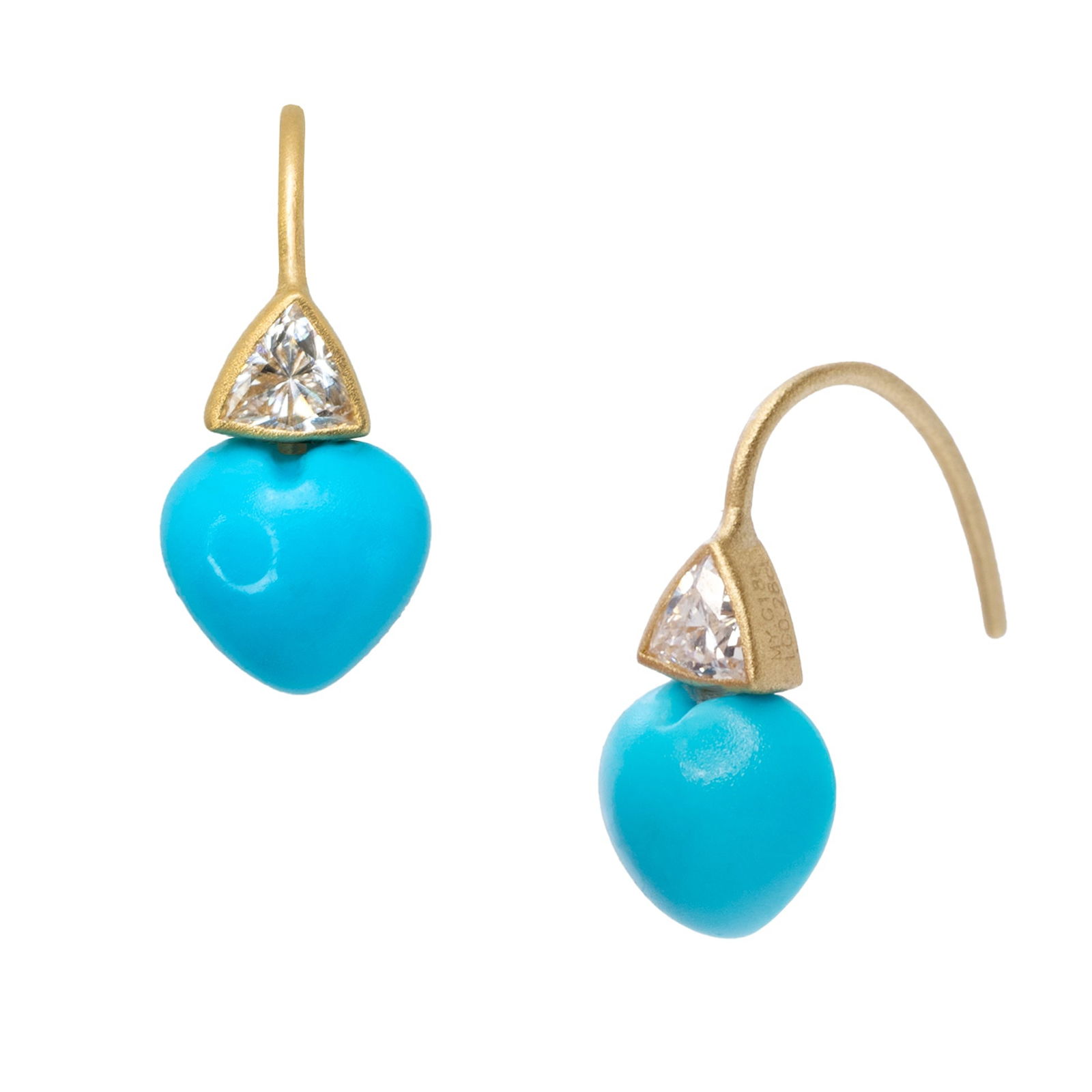 Heart Turquoise & Diamond Drop Earrings 18K Gold: Title:Heart Turquoise & Diamond Drop Earrings 18K Gold Description:Playful yet refined, these heart-shaped turquoise earrings capture a sense of joy, love, and effortless elegance. The vivid blue hear