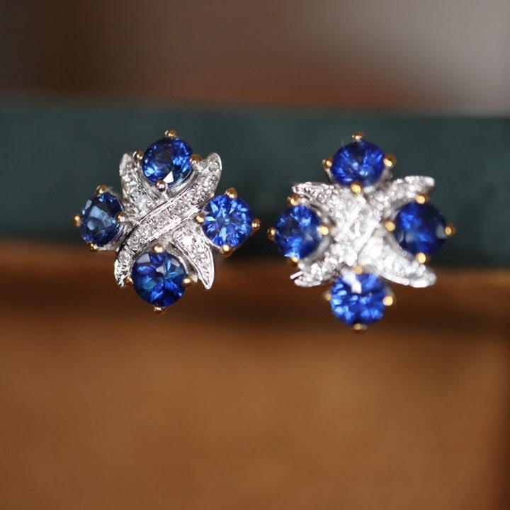 14K GOLD 1.28 CTW NATURAL SAPPHIRE & DIAMOND EARRINGS: Title:14K GOLD 1.28 CTW NATURAL SAPPHIRE & DIAMOND EARRINGSDescription:Ref:230528507Gold Content:14K GoldMain Gemstone:SapphireNumber of stones:8Shape:RoundCarat Weight:1.20ct Color:Royal