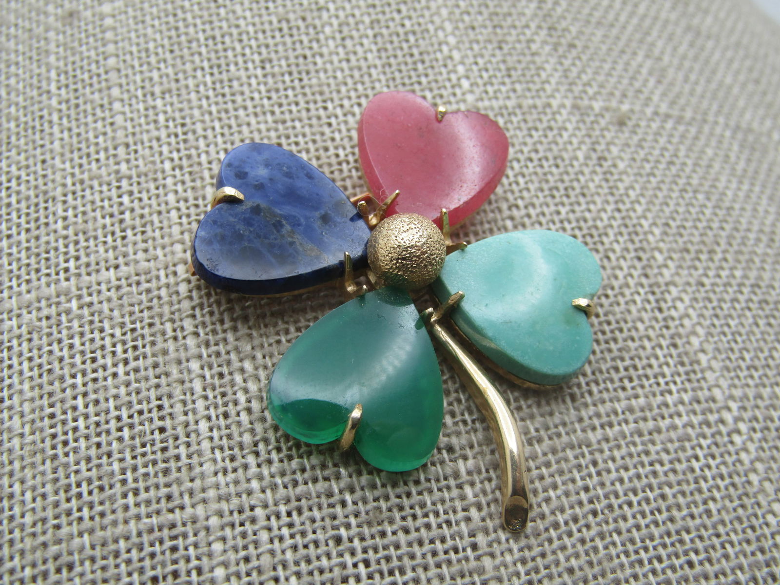 Vintage 10kt 4-Leaf Clover Brooch , Rhodocroisite, Chrysoprase, Sodalite & Turquoise, 1960's - 2