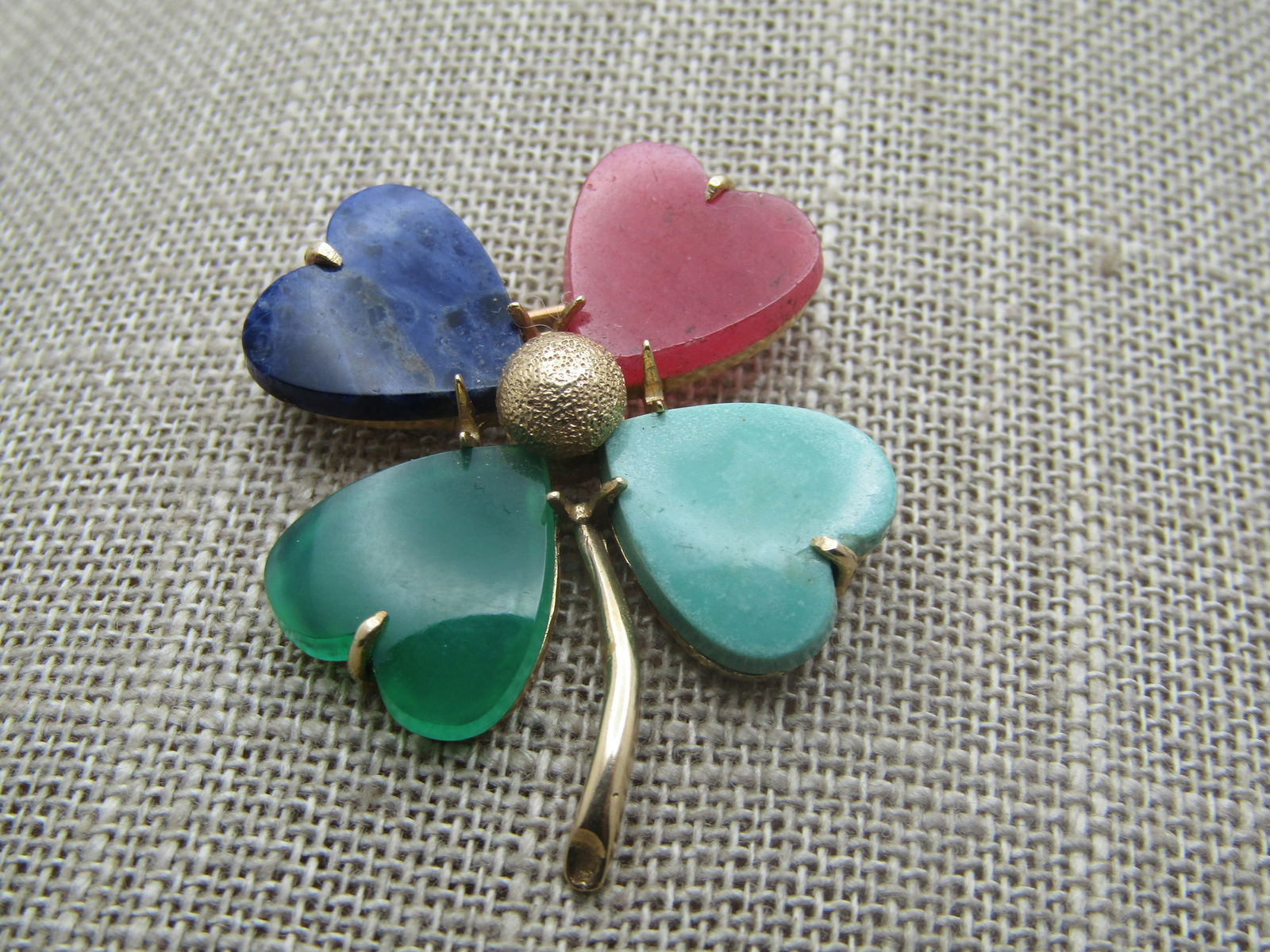 Vintage 10kt 4-Leaf Clover Brooch , Rhodocroisite, Chrysoprase, Sodalite & Turquoise, 1960's - 3