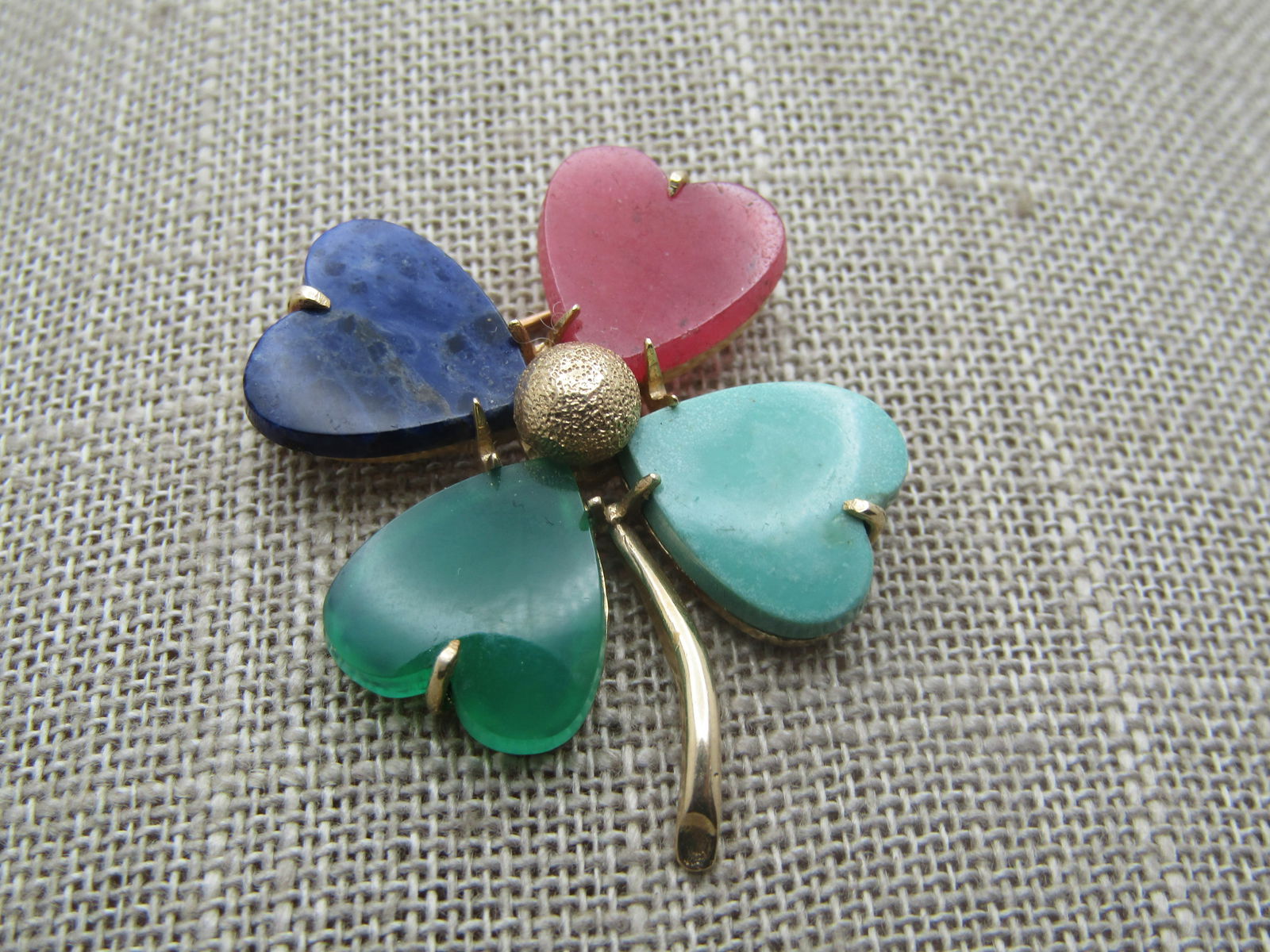 Vintage 10kt 4-Leaf Clover Brooch , Rhodocroisite, Chrysoprase, Sodalite & Turquoise, 1960's - 4