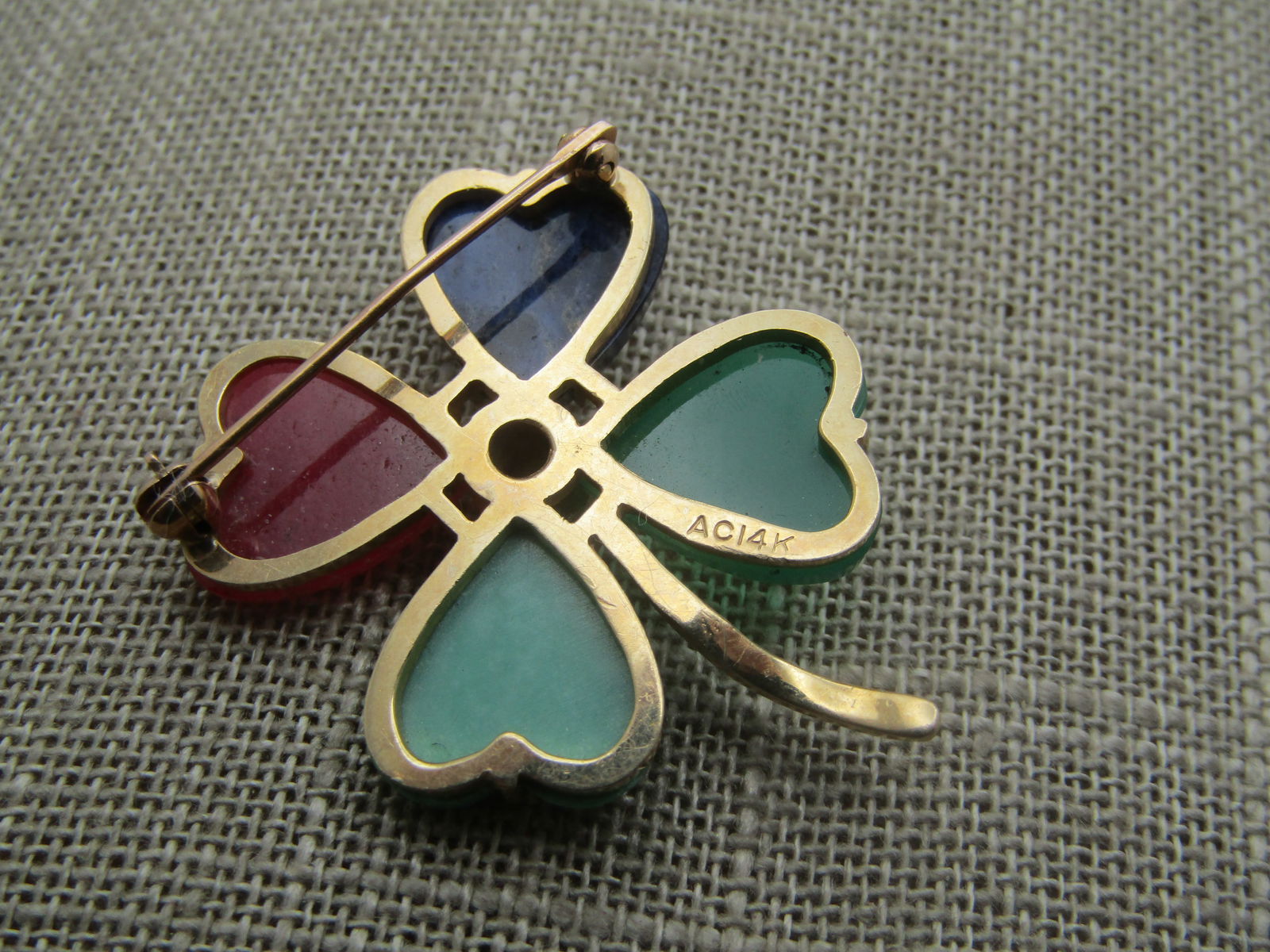 Vintage 10kt 4-Leaf Clover Brooch , Rhodocroisite, Chrysoprase, Sodalite & Turquoise, 1960's - 5