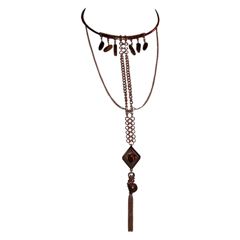 New Goldone Bedouin Inspired Tiger Eye Dangle Necklace: Title:New Goldone Bedouin Inspired Tiger Eye Dangle NecklaceDescription:New goldtone costume necklace with antique finish. Very bedouin style with natural orange tiger eye dangling pieces and