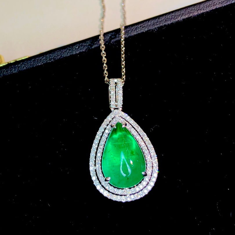 14K GOLD 3.99 CTW VIVID GREEN NATURAL EMERALD & DIAMOND PENDANT - 2